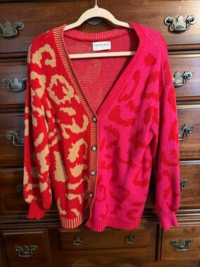 First Love Red and Pink Leopard-Print V-Neck Button Cardigan